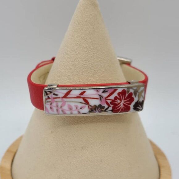 Bernaraud Limoges Porcelain Red Floral Red Leather Bracelet NWOT! - Picture 11 of 11